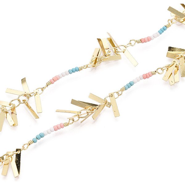 Handgefertigte Rechteckige Gliederketten Aus Messing, Mit Saatperlen-Perlen Zur Herstellung Von Halsketten Und ArmbäNdern, GelöTet, Mit Spule, Echtes 18K Vergoldet, 4 Mm, Ca. 16.40 Fuß (5M)/Rolle-image