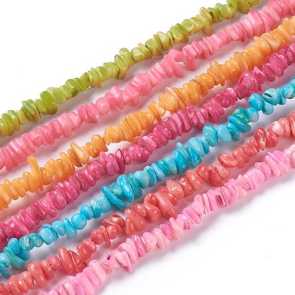 Hebras naturales de cuentas de concha de agua dulce, chip, teñido, color mezclado, 6-16x4-8x1-7mm, agujero: 1 mm, aproximamente 97-157 unidades / cadena, 15.75 pulgada (40 cm)