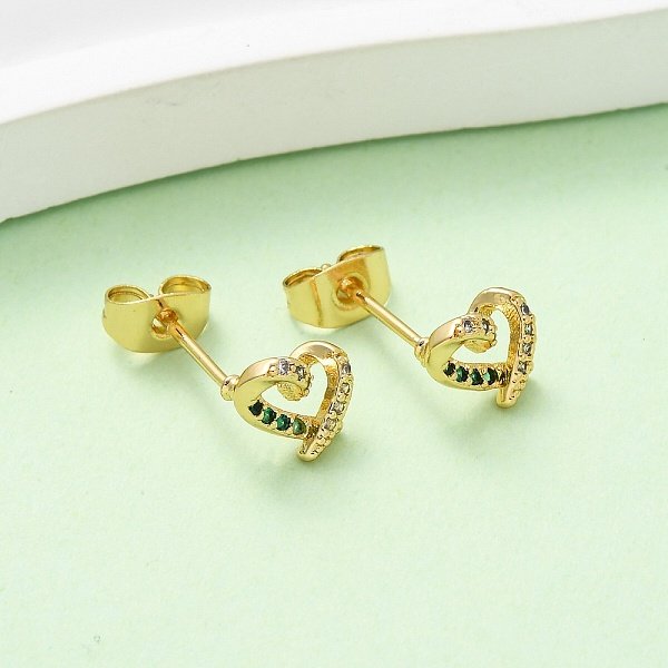 Brass Micro Pave Cubic Zirconia Heart Stud Earrings, Real 16K Gold Plated, 7X7.5Mm-image