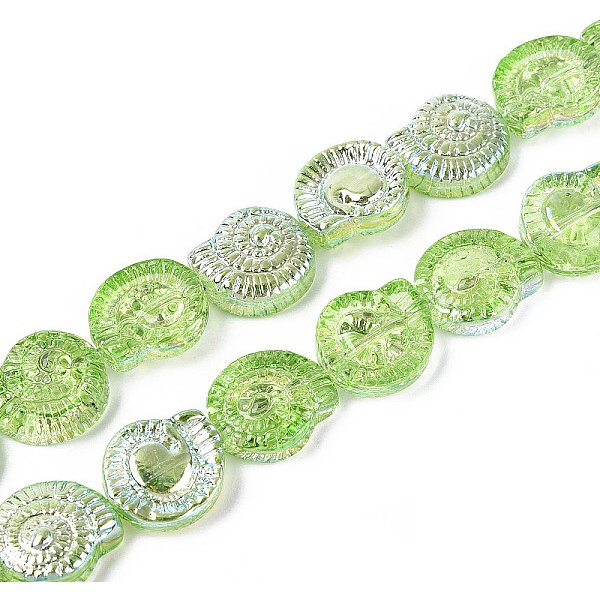 Galvanisieren Transparente Glasperlen SträNge, Spirale Muschelform, Halb Plattiert, Ab Farbe Plattiert, Lime Green, 12.5-13X11.5-12X5 Mm, Bohrung: 0.9-1 Mm, Ca. 50 Stk. / Strang, 24.80 Zoll (63 Cm)-image