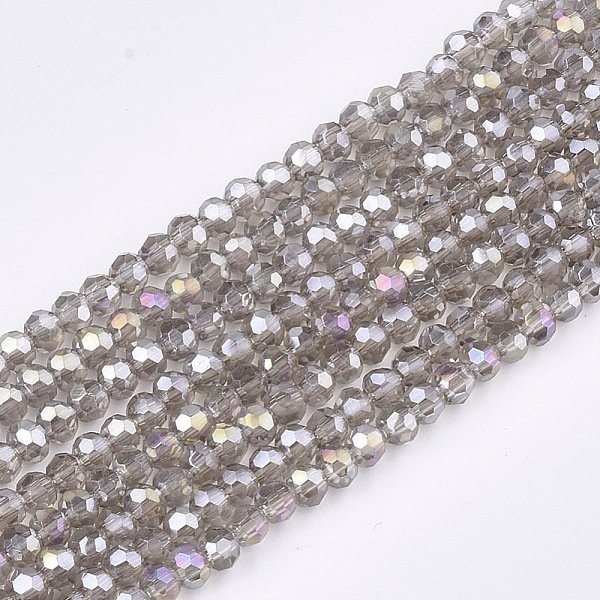 Facettierte (32 Facetten) Galvanisierte GlasperlensträNge, Ab Farbe Plattiert, Runde, Lichtgrau, 4 Mm, Bohrung: 0.5 Mm, Ca. 100 Stk. / Strang, 14.2 Zoll-image