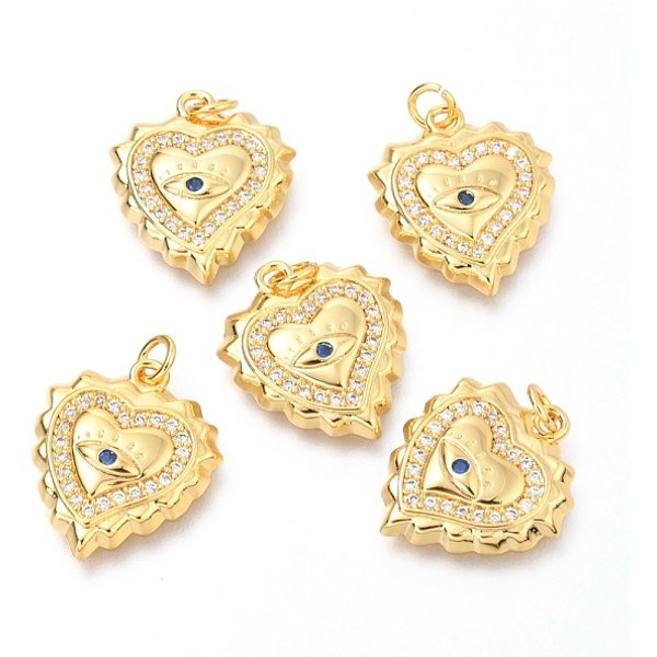 Pendenti In Ottone Con Micro Pavé Di Zirconi Cubici Trasparenti E Blu Di Grado Aaa, Con Anelli Di Salto, Cuore Con Occhio, Vero Placcato Oro 18K, 16.8X14.7X2.7Mm, Foro: 2.5 Mm-image