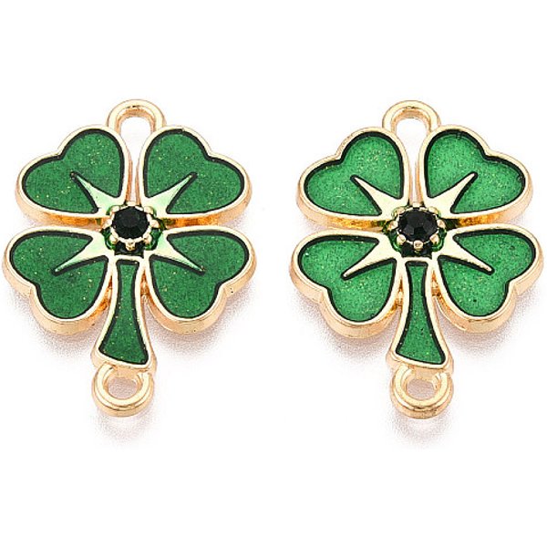 Dijes De AleacióN Esmaltada Con Conector Para El DíA De San Patricio, Enlaces De TréBol, Con Polvo Brillante Y Rhinestone Esmeralda, Sin Plomo Y NíQuel Y Cadmio, Chapado En Rack, Verde, 26.5X19.5X3Mm, Agujero: 1.8Mm Y 2X3 Mm-image