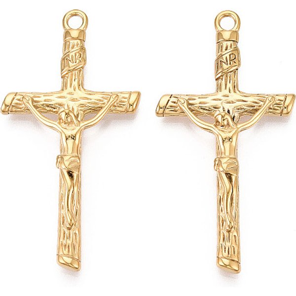304 Stainless Steel Big Pendants, Crucifix, Ion Plating(Ip), Real 18K Gold Plated, 58X29.5-30X7Mm, Hole: 3Mm-image
