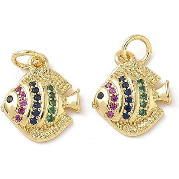 Brass Micro Pave Cubic Zirconia Charms, Real 18K Gold Plated, with Jump Ring, Fish, 14x12.5x3mm, Hole: 3.5mm