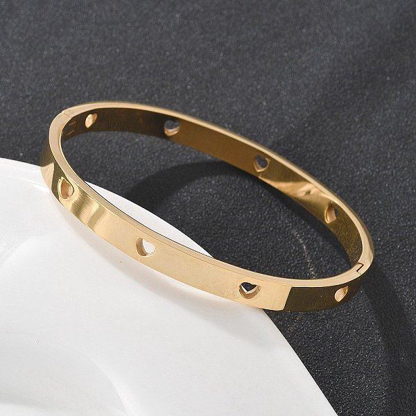 Hollow Heart 304 Stainless Steel Bangles For Women, Ion Plating(Ip), Real 18K Gold Plated, Inner Diameter: 2X2-3/8 Inch(5.05X6.05Cm)-image
