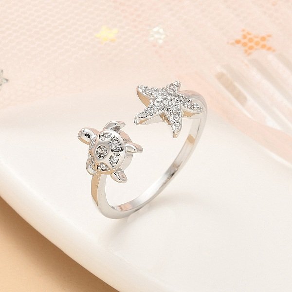 304 Stainless Steel Open Cuff Finger Rings for Women, with Cubic Zirconia, Turtle, Platinum, 29mm, Inner Diameter: Adjustable