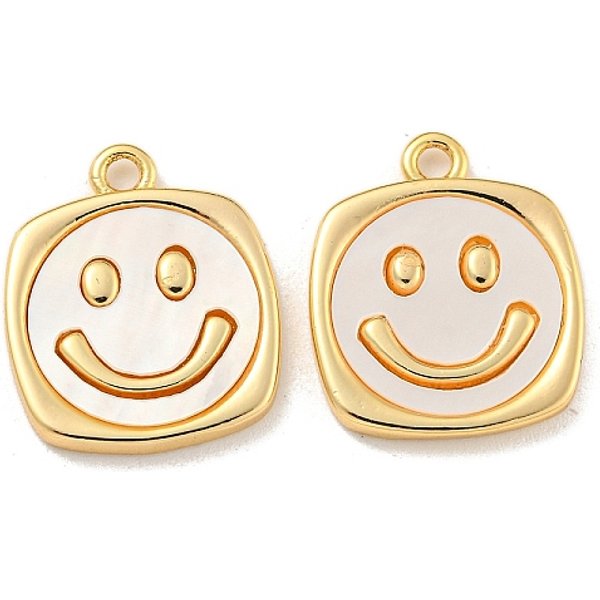 Natural White Shell Pendants, Rack Plating Brass Smiling Face Charms, Real 18K Gold Plated, 16x13x2mm, Hole: 1.6mm