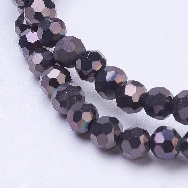 Galvanisierte Glasperlen SträNge, Facettiert (32 Facetten), Runde, Schwarz Vernickelt, 4 Mm, Bohrung: 0.5 Mm, Ca. 85-90 Stk. / Strang, 12.40-12.80 Zoll (31.5-32.5 Cm)-image