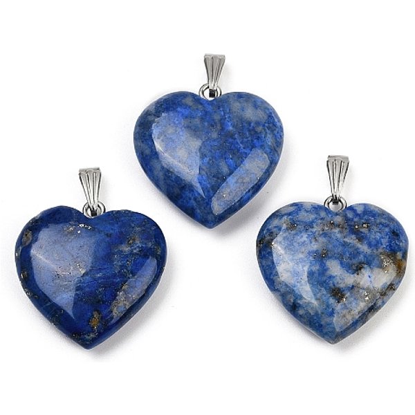Pendentifs En Lapis Lazuli Naturel, Breloques En Forme De Coeur Avec Ton De Couleur Acier Inoxydable 201 Accessoires En Acier Inoxydable, 26X25X8Mm, Trou: 8.5X3Mm-image