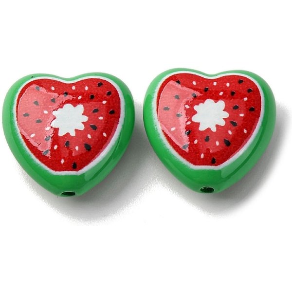 Opaque Acrylic Beads, Heart with Fruit, Watermelon, 17x18x8.5mm, Hole: 1.6mm