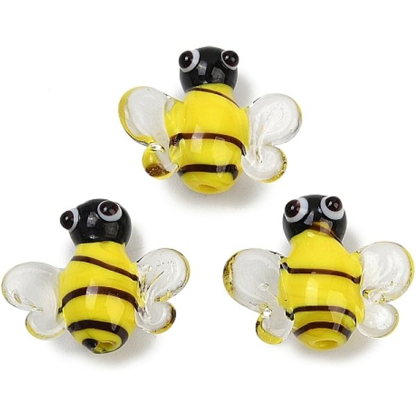 Handmade Lampwork Beads, Bees, Yellow, 15.5-16.5x18.5-19x8mm, Hole: 1.4mm