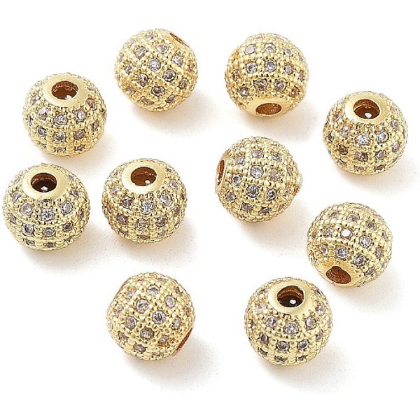 Runde Messing Micro Pave Zirkonia Perlen, Transparent, Echtes 18K Vergoldet, 8 Mm, Bohrung: 2 Mm-image