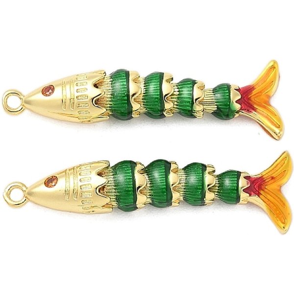 Messing Micro Pave Zirkonia Emaille AnhäNger, Fisch, Echtes 18K Vergoldet, GrüN, 38X11.5X6.5 Mm, Bohrung: 1.6 Mm-image
