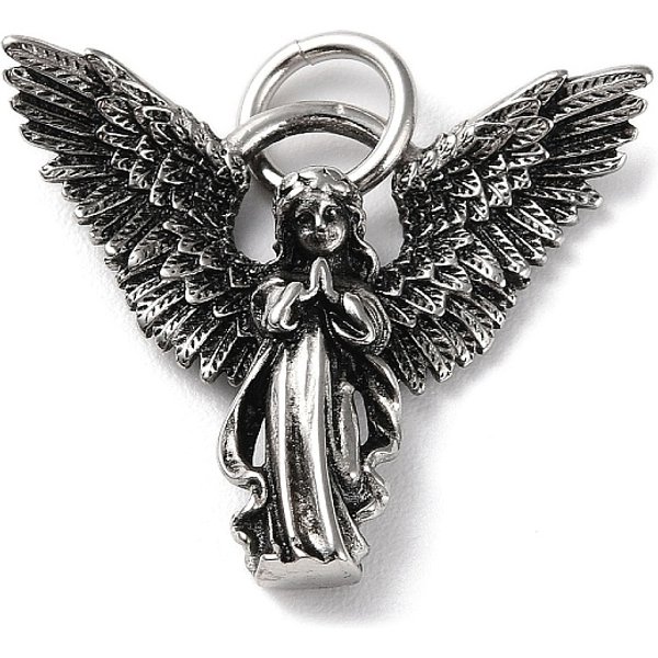 Placcatura Ionica (Ip) Ciondoli In Acciaio Inossidabile 304, Con Anello Di Salto, Fascino D'angelo, Argento Antico, 30X33X5Mm, Foro: 6.5 Mm-image