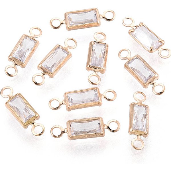 Brass Pave Clear Cubic Zirconia Links/Connector Charms, Rectangle, Light Gold, 10.5X3X1.5Mm, Hole: 1.2Mm-image