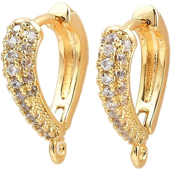 Brass Micro Pave Clear Cubic Zirconia Hoop Earring Findings, Long-Lasting Plated, Nickel Free, With Loop, Real 18K Gold Plated, 16X14.5X3.5Mm, Hole: 1.2Mm, Pin: 1Mm-image