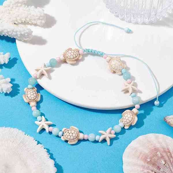 Starfish & Turtle Natural Malaysia Jade & Synthetic Turquoise Braided Beaded Anklet, Ocean Theme Nylon Cords Adjustable Anklets, Inner Diameter: 2-3/4-4-3/8 Inch(7-11Cm)-image