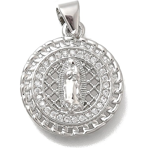 Brass Micro Pave Cubic Zirconia Pendants, Flat Round With Virgin Mary, Cadmium Free & Lead Free, Rack Plating, Long-Lasting Plated, Platinum, 18.5X16X3Mm, Hole: 4.5X3.5Mm-image