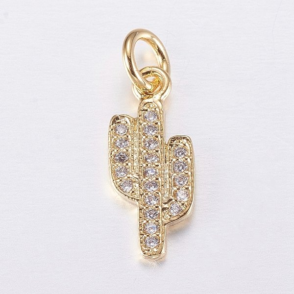 Brass Micro Pave Cubic Zirconia Charms, Cactus, Golden, 15X6.5X1Mm, Hole: 3Mm-image