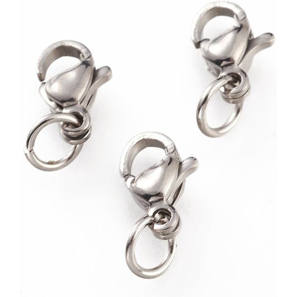 Tarnish Resistant 304 Stainless Steel Lobster Claw Clasps, With 201 Stainless Steel Jump Ring, Stainless Steel Color, 9X5.5X3.5Mm, Hole: 3Mm, Jump Ring: 5X0.6Mm-image