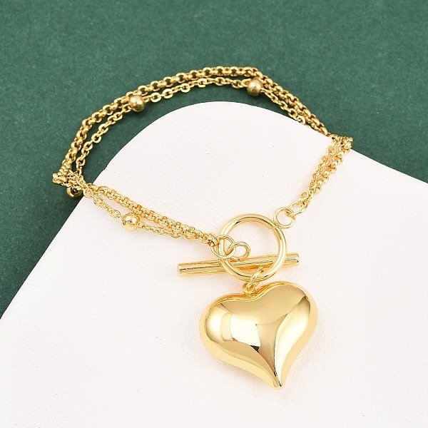 Bracciali Multistrato Con Catena Rolo E Satellite In Acciaio Inossidabile 304, Braccialetti Con Ciondoli Da Donna, Cuore, Oro, 8-1/8 Pollice (20.7 Cm)-image