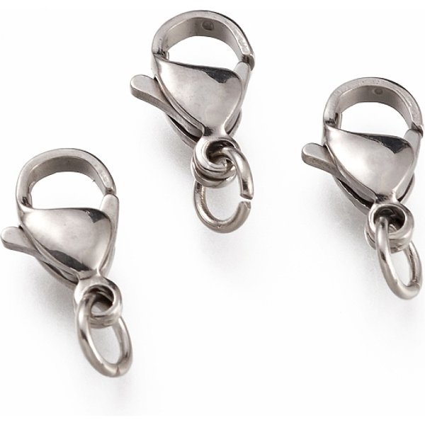 Tarnish Resistant 304 Stainless Steel Lobster Claw Clasps, With 201 Stainless Steel Jump Ring, Stainless Steel Color, 12X7X3.5Mm, Hole: 3Mm, Jump Ring: 5X0.6Mm-image