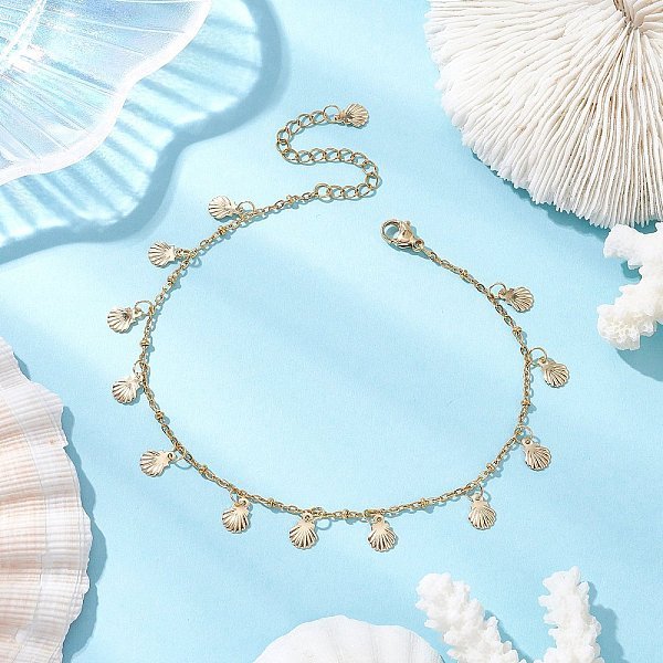 Tobilleras Con Dije De Concha De Acero Inoxidable 304 Para Mujer, Para Playa Y Verano, Dorado, 8-7/8 Pulgada (226 Mm)-image