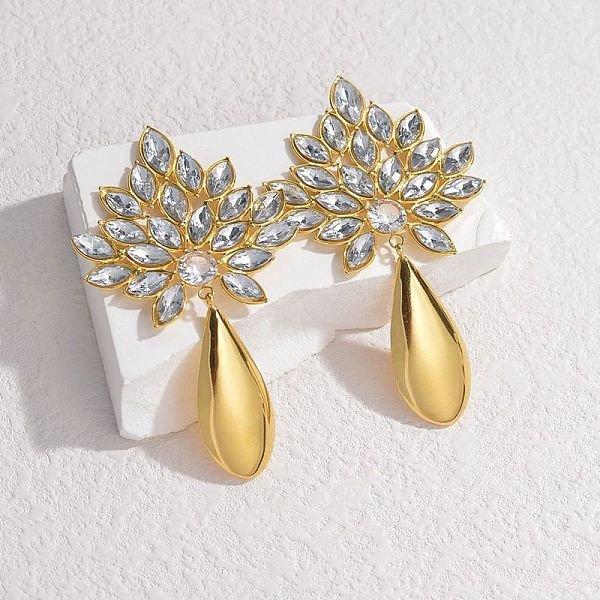 Pendientes De BotóN De Vidrio De Acero Inoxidable 304 Para Mujer, Real 18K Chapado En Oro, LáGrima, Claro, 72X40.5Mm-image