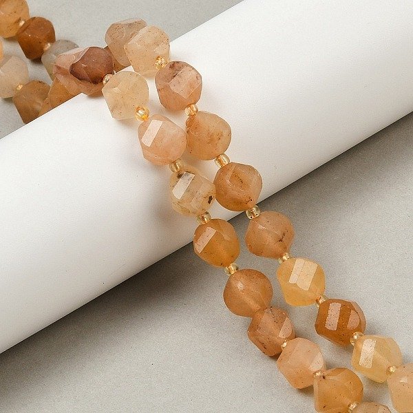 Dyed Natural Jade Beads Strands, Faceted, Twist, with Seed Beads, Sandy Brown, 10x9-10x9-10mm, Hole: 1mm, about 33pcs/strand, 15.35''(39cm)