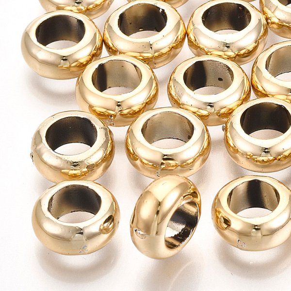 Cuentas de plástico abs de recubrimiento uv, rerondana plana, oro chapado, 10x4.5mm, agujero: 6 mm