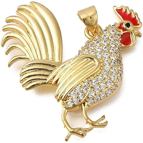 Estante De Placas Micro LatóN Allanan Colgantes De Circonio CúBico, Plateado De Larga DuracióN, Sin Plomo Y El Cadmio, Encantos De Gallo, Con Anillo De Salto, Real 18K Chapado En Oro, 31X29X4Mm, Agujero: 4X3 Mm-image