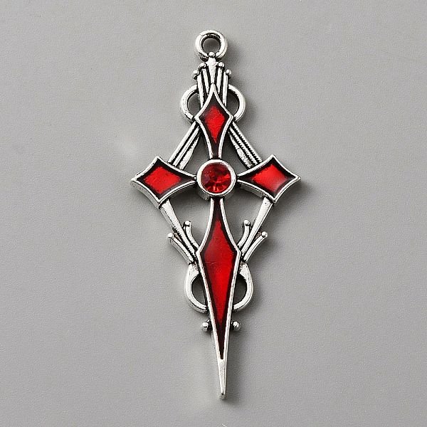 Siam-Strasskreuz-AnhäNger Mit Roter Emaille, Legierung AnhäNger, Antik Silber Farbe, 47.5X21.5X4 Mm, Bohrung: 1.8 Mm-image