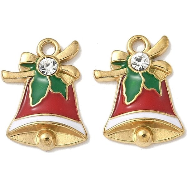 304 Edelstahl-Emaille-AnhäNger, AnhäNger Zum Thema Weihnachten, Ionenbeschichtung (Ip), Echtes 18K Vergoldet, Weihnachtsglocke, 18.5X13X3.5 Mm, Bohrung: 1.8 Mm-image