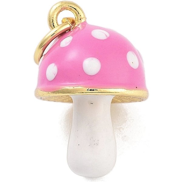 Real 18K Gold Plated Rack Plating Brass Enamel Charms, With Jump Ring, Long-Lasting Plated, Lead Free & Cadmium Free, 3D Mushroom Charm, Hot Pink, 15X10X10Mm, Hole: 3Mm-image