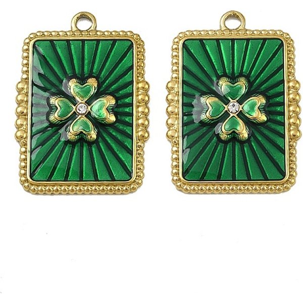 304 Stainless Steel Enamel Pendants, Rectangle With Clover Charms, With Rhinestone, Ion Plating(Ip), Real 18K Gold Plated, 26.5X19X2.5Mm, Hole: 2Mm-image