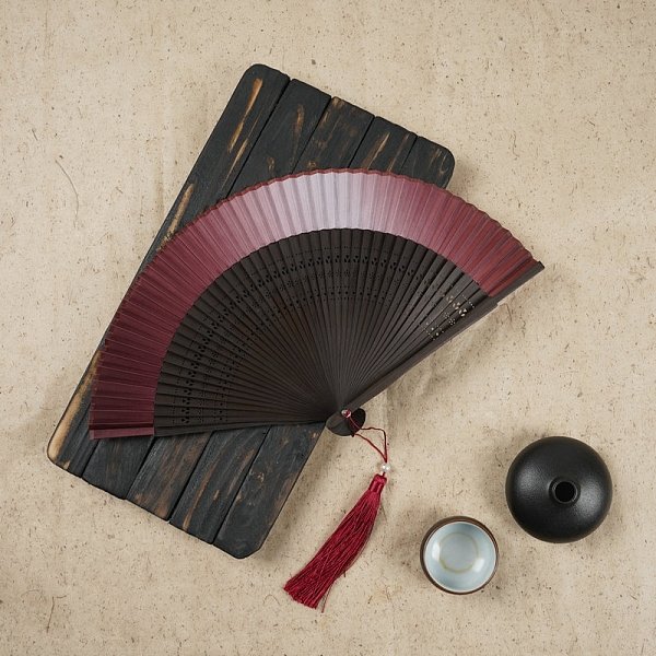 Faltfächer aus Holz im chinesischen Stil mit Quaste, für Partyhochzeit Tanzdekoration, dunkelrot, 210 mm