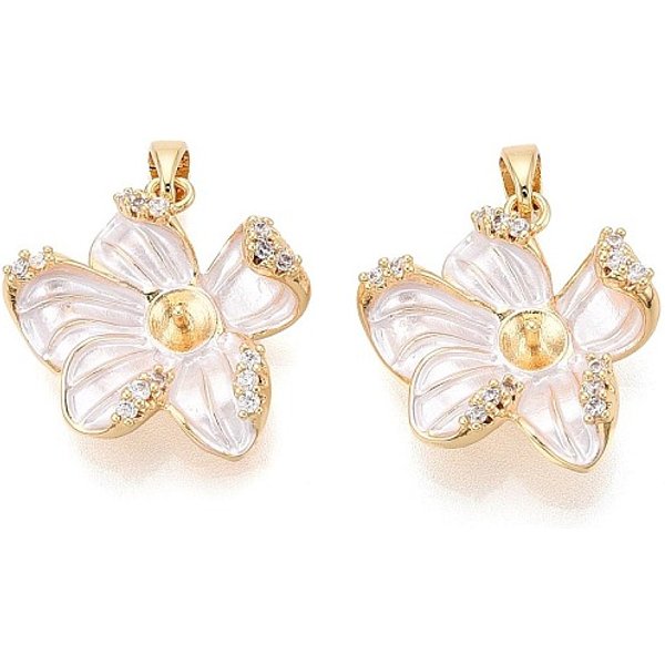 Spray Painted Brass Pave Cubic Zirconia Peg Bails, For Half Drilled Beads, Flower, White, 19X20X8.5Mm, Hole: 4.5Mm, Pin: 0.8Mm-image