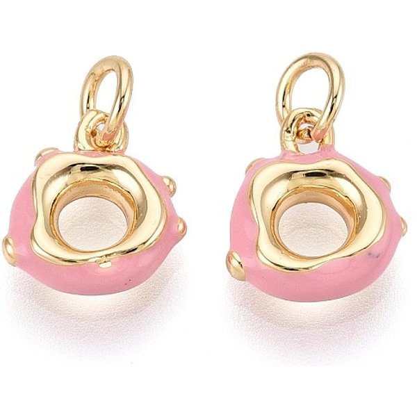 Brass Enamel Pendants, Donut Charms, With Jump Ring, Real 18K Gold Plated, Pink, 11X10X3Mm, Hole: 3Mm-image