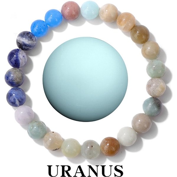 Schmuckgeschenk Mit Planetenmotiv, Stretch-ArmbäNder Mit Runden Perlen Und Gemischten Edelsteinen, Uranus, 7-1/2 Zoll (19 Cm)-image