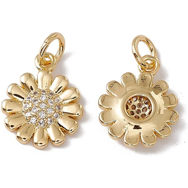 Brass Micro Pave Clear Cubic Zirconia Charms, With Jump Ring, Cadmium Free & Nickel Free & Lead Free, Rack Plating, Sunflower, Real 18K Gold Plated, 14X11X2.5Mm, Hole: 3Mm-image