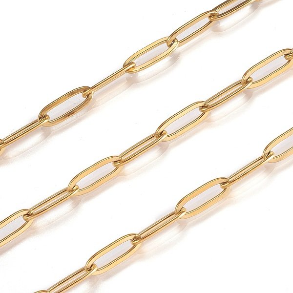 Ion Plating(Ip) 304 Stainless Steel Paperclip Chains, Drawn Elongated Cable Chains, Soldered, With Spool, Golden, Link: 11-12X4X0.5-0.87Mm, About 16.4 Feet(5M)/Roll-image