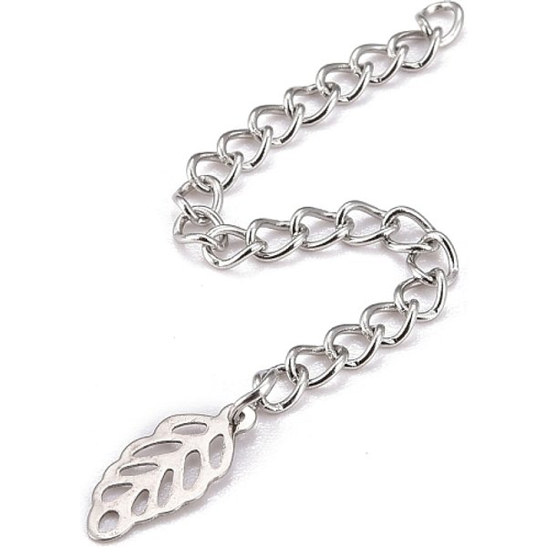 Tarnish Resistant 304 Stainless Steel Chain Extender, Curb Chain, with 202 Stainless Steel Charms, Hollow Leaf, Stainless Steel Color, 60-65mm, Link: 3.7x3x0.5mm; Leaf: 12.5x5.5x0.2mm