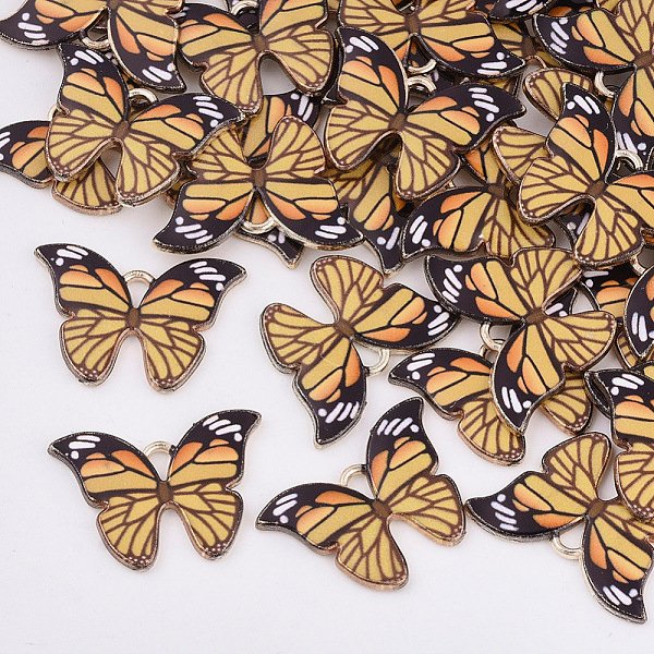 Printed Alloy Pendants, with Enamel, Butterfly, Light Gold, Goldenrod, 15.5x22x2mm, Hole: 1.8mm