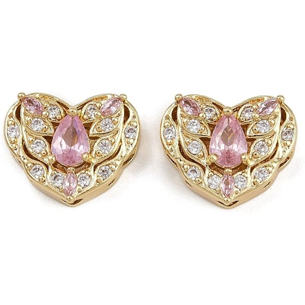 MehrsträNgige Glieder Aus Messing Mit Pavé-Kubikzirkonia, Langlebig Plattiert, Herz, Golden, Rosa, 12X14.5X6 Mm, Bohrung: 1.8 Mm-image