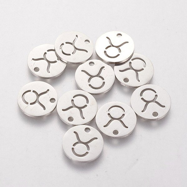 Breloques En Acier Inoxydable 304 Anti-Ternissement, Plat Rond Avec Constellation / Signe Du Zodiaque, Taurus, 12X1Mm, Trou: 1.5Mm-image