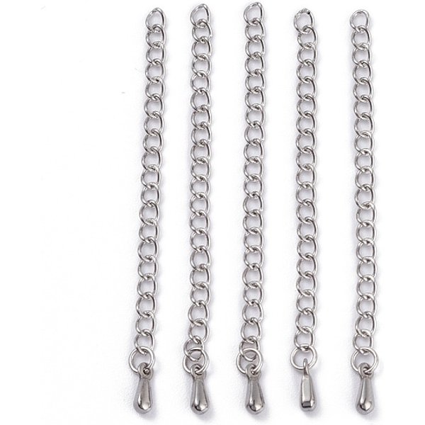 Tarnish Resistant 304 Stainless Steel Chain Extender, Teardrop Charms, Stainless Steel Color, 59x3mm, Hole: 2mm