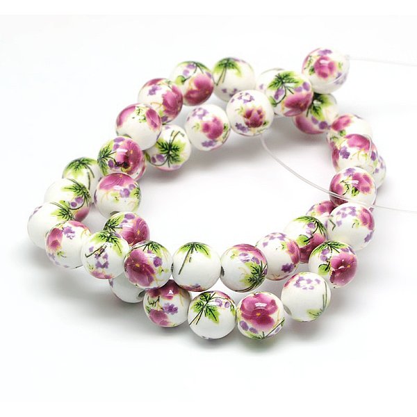 Handmade Flower Printed Porcelain Ceramic Beads Strands, Round, Old Rose, 10Mm, Hole: 2Mm, About 35Pcs/Strand, 13.5 Inch-image
