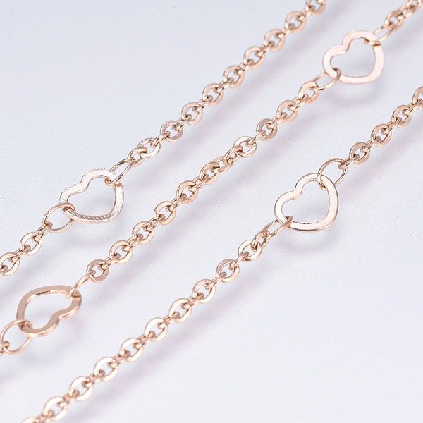 Ion Plating(Ip) 304 Stainless Steel Cable Chains, With Heart Link, Soldered, With Spool, Flat Oval, Rose Gold, 5X6.4X0.4Mm, Link: 2.8X2X0.3Mm, About 32.8 Feet(10M)/Roll-image