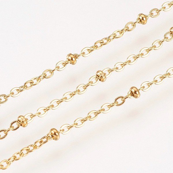 Ion Plating(Ip) Handmade 304 Stainless Steel Cable Chains, Satellite Chains, Satellite Chains, With Round Beads, Soldered, With Spool, Flat Oval, Golden, 1.5Mm, About 32.8 Feet(10M)/Roll-image